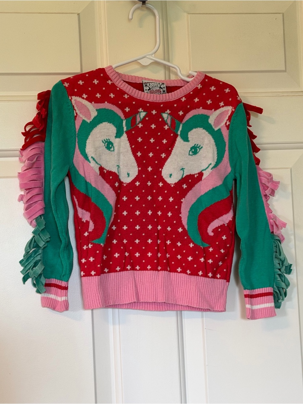 Well Worn Girls Unicorn Fringe Sweater - Red, Pink & Teal